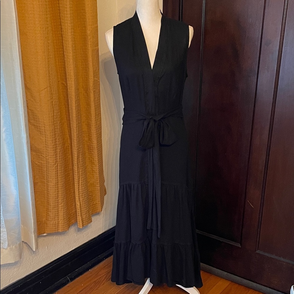Nicole Miller New York Black Linen Blend Embroidered Midi Dress